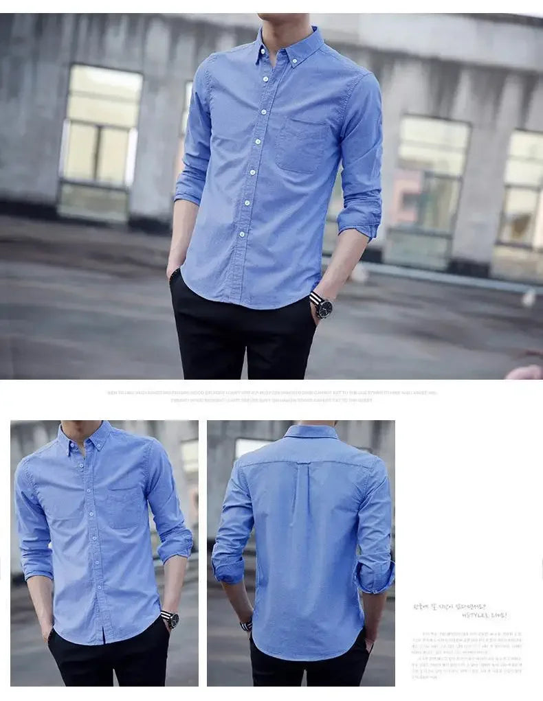 Camisa masculina de manga longa, branca, slim fit, profissional.