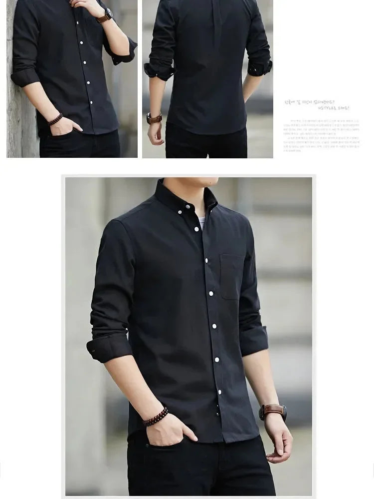 Camisa masculina de manga longa, branca, slim fit, profissional.