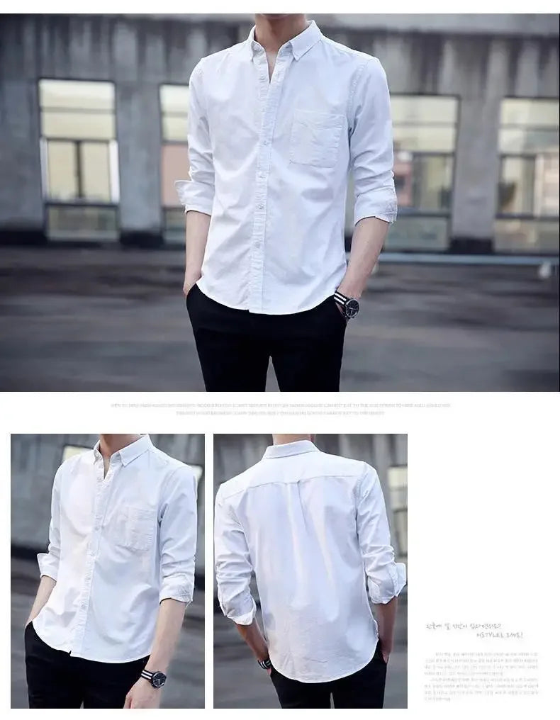 Camisa masculina de manga longa, branca, slim fit, profissional.