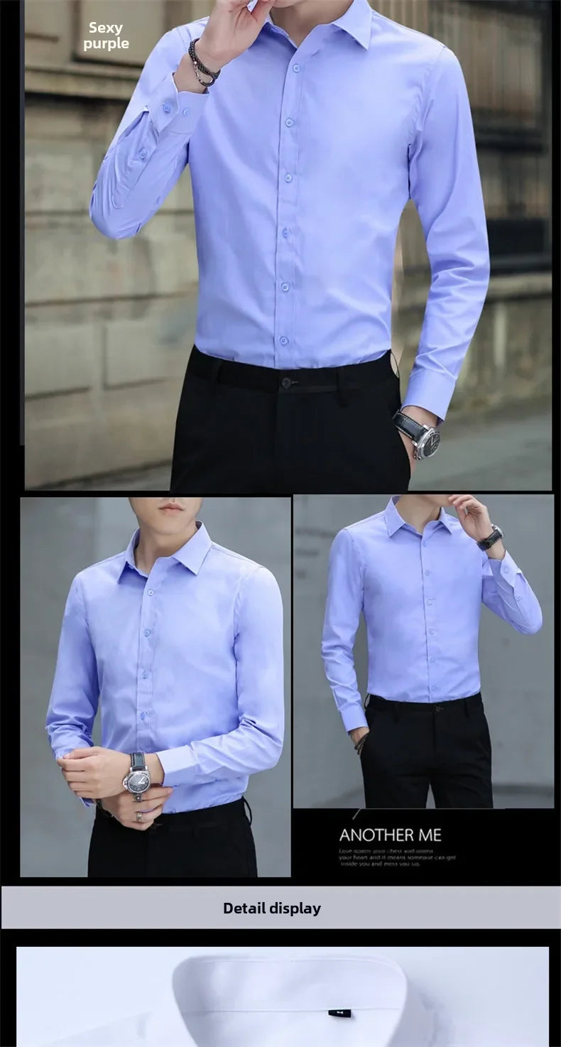 Camisa branca de manga longa, slim fit e sem rugas.