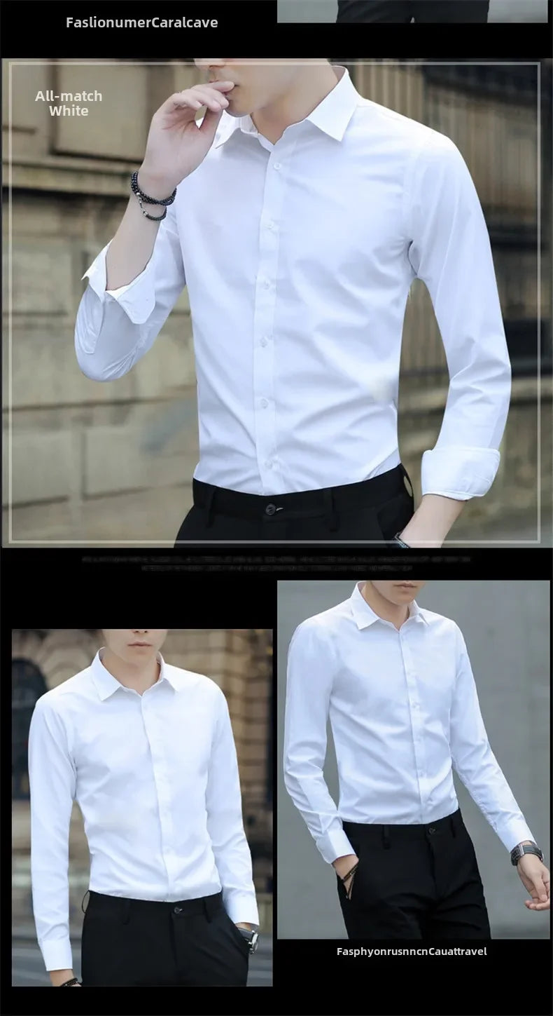 Camisa branca de manga longa, slim fit e sem rugas.